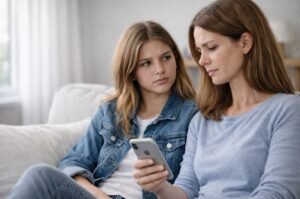 A parent reviews her teen’s social media activity as new platform safeguards give families more control over account settings and usage.