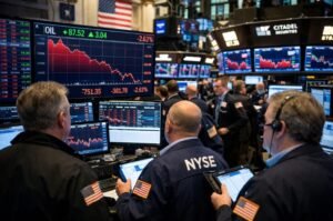 Wall Street traders watching market data on the New York Stock Exchange trading floor as rising oil prices and escalating geopolitical tensions send shockwaves through global financial markets.