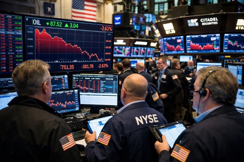 Wall Street traders watching market data on the New York Stock Exchange trading floor as rising oil prices and escalating geopolitical tensions send shockwaves through global financial markets.