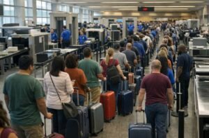 Passengers wait in long security lines at a U.S. airport as staffing shortages push TSA operations to the limit.