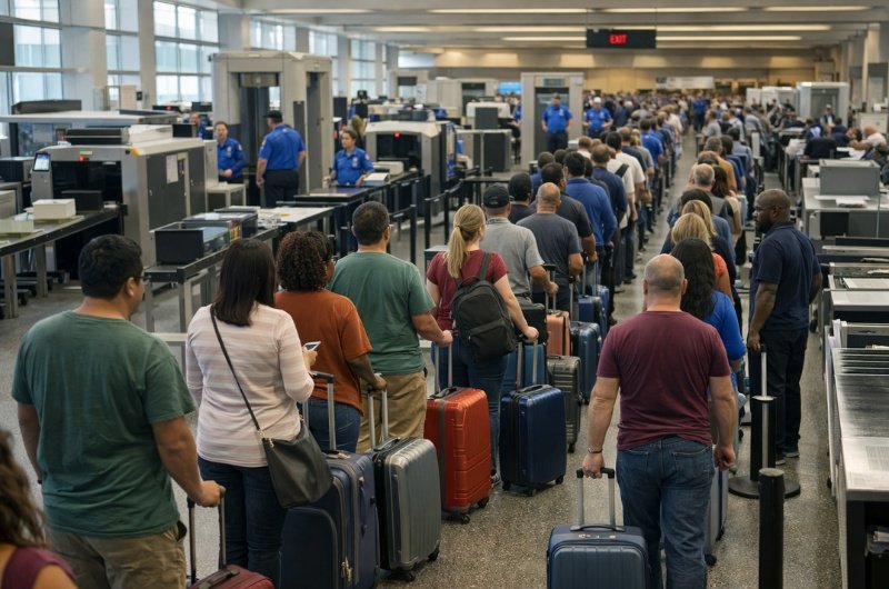 Passengers wait in long security lines at a U.S. airport as staffing shortages push TSA operations to the limit.