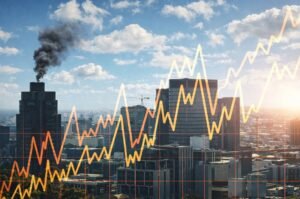 A rising stock market overlays a calm city skyline as global tensions continue to build in the background, highlighting the contrast between headlines and market movement.