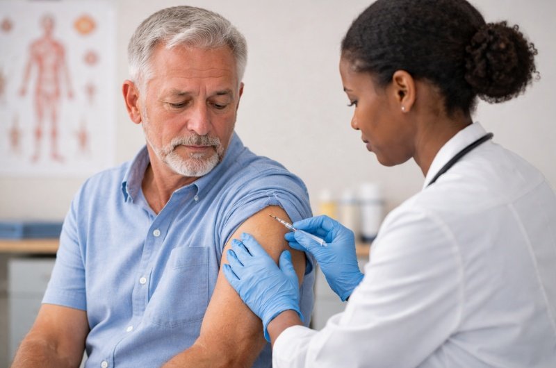 An older adult receives a routine vaccination during a doctor’s visit, as emerging research explores potential links between shingles vaccines and long-term brain health.