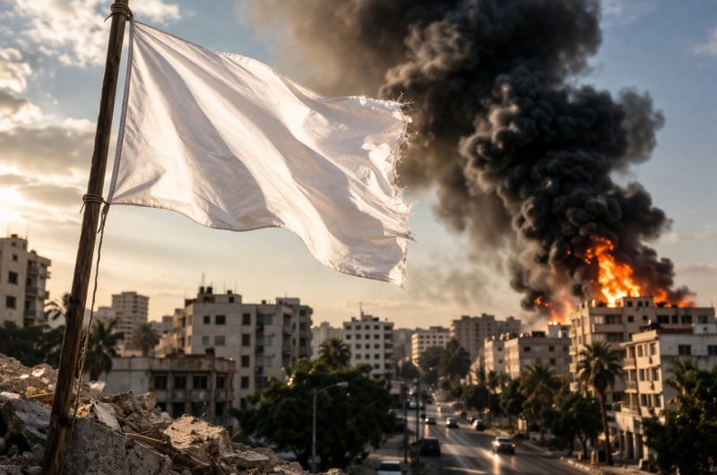 A symbol of peace remains in the foreground as conflict continues to burn behind it, with ceasefire efforts failing to take hold.