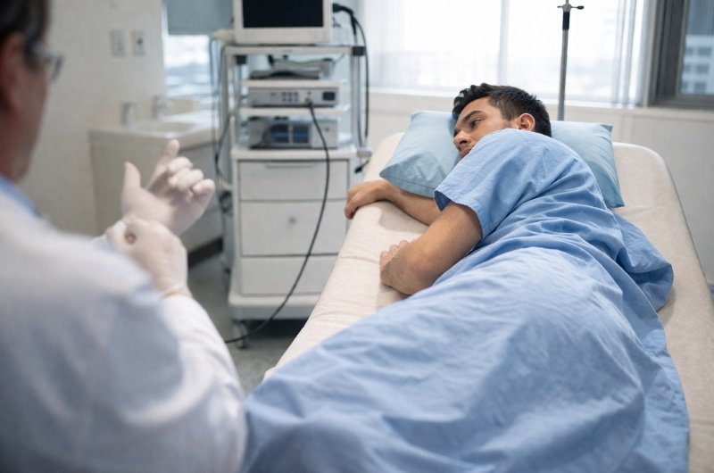 A younger patient prepares for a routine colonoscopy, as doctors urge earlier awareness amid rising colorectal cancer rates in adults under 50.