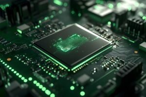 A close-up of a semiconductor chip highlights the advanced hardware powering today’s AI systems, where innovations like chip packaging are shaping the next phase of the industry.