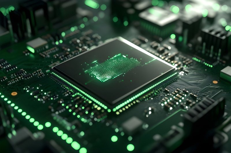 A close-up of a semiconductor chip highlights the advanced hardware powering today’s AI systems, where innovations like chip packaging are shaping the next phase of the industry.