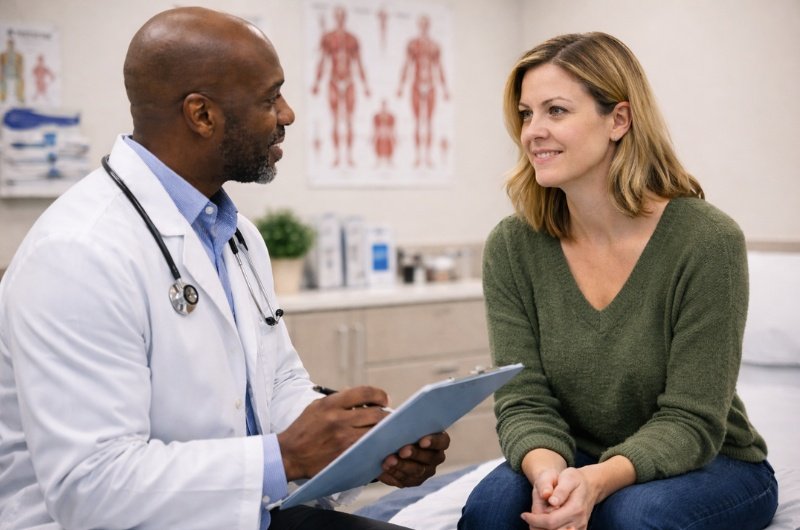 A patient speaks with her doctor during a routine office visit as new Medicaid work requirements move closer to implementation across the country.