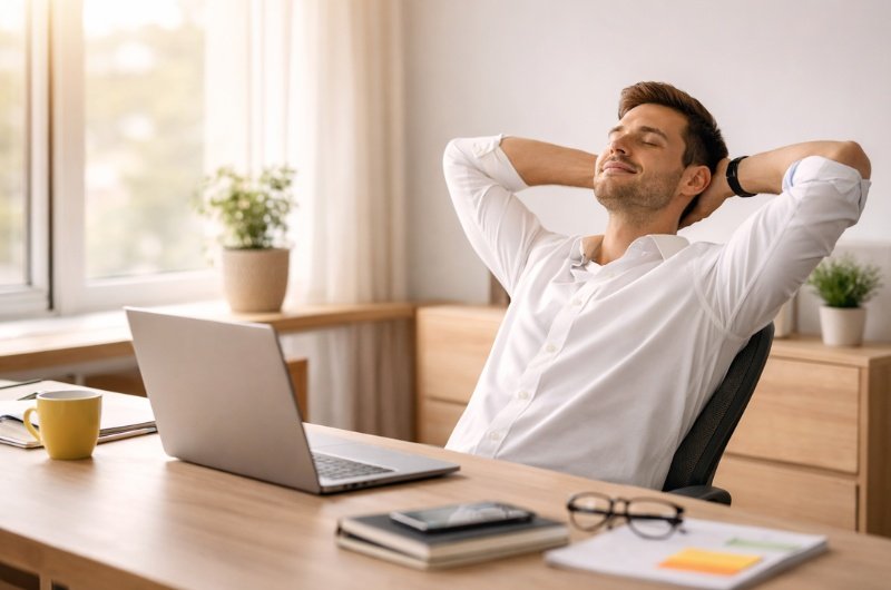 A professional pauses at his desk as AI-driven tools streamline daily tasks, freeing up valuable time for more meaningful work.