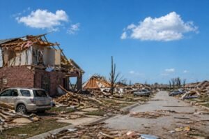 Storm damage is seen across a Midwestern neighborhood after multiple tornadoes tore through the region, leaving homes destroyed and debris scattered across residential streets.