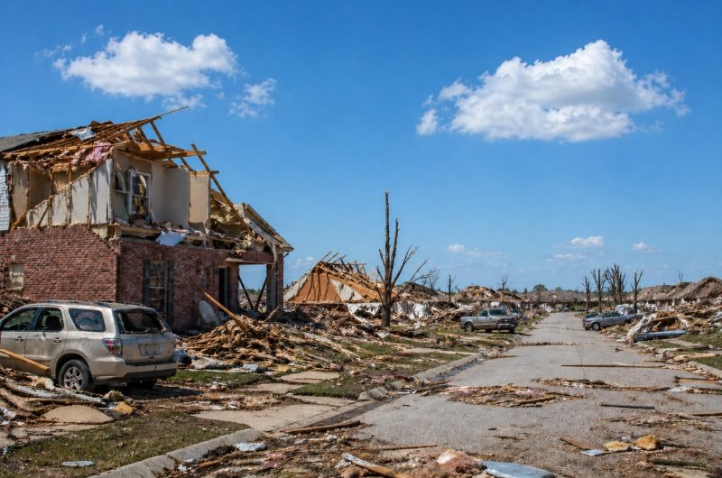 Storm damage is seen across a Midwestern neighborhood after multiple tornadoes tore through the region, leaving homes destroyed and debris scattered across residential streets.
