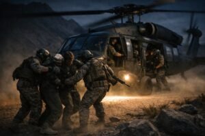 A conceptual depiction of a high-risk U.S. military rescue operation in hostile terrain, reflecting the type of mission described during President Trump’s press conference.