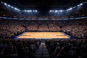 A packed arena sets the stage as Michigan prepares to face UConn at the 2026 NCAA Men’s Basketball National Championship.