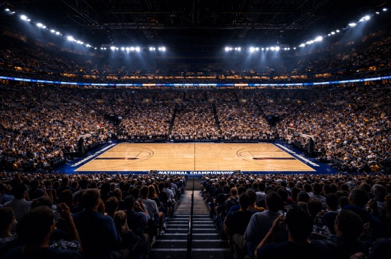 A packed arena sets the stage as Michigan prepares to face UConn at the 2026 NCAA Men’s Basketball National Championship.