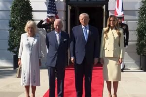 President Trump and First Lady Melania Trump welcome King Charles III and Queen Camilla during an official White House visit in Washington.