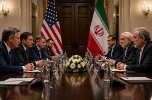 U.S. and Iranian delegations are shown in a conceptual diplomatic setting illustrating renewed high-stakes negotiations over regional security, nuclear safeguards, and tensions in the Strait of Hormuz.