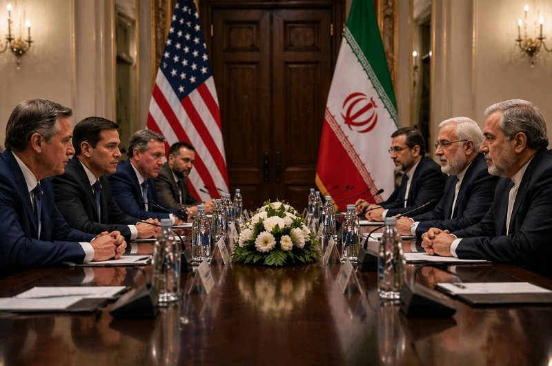 U.S. and Iranian delegations are shown in a conceptual diplomatic setting illustrating renewed high-stakes negotiations over regional security, nuclear safeguards, and tensions in the Strait of Hormuz.