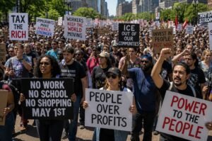 A large, diverse crowd fills city streets during a nationwide May Day protest, as participants take part in a coordinated “economic blackout” calling for workers to step away from jobs, school, and spending.