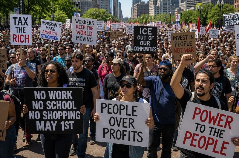 Crowds gather nationwide for a May Day “economic blackout,” a coordinated effort urging Americans to withdraw from work, school, and spending to demonstrate collective economic power. 
