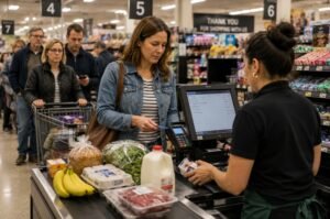 Shoppers wait in a grocery store checkout line as inflation rises again across the United States.