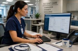 A healthcare professional at work station.