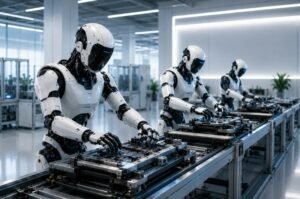 Humanoid robots operate inside a next-generation manufacturing facility powered by advanced artificial intelligence systems.