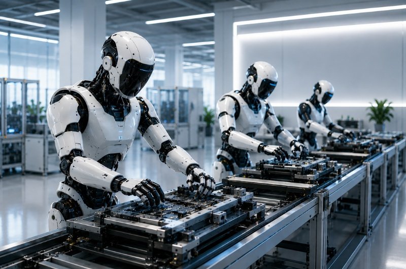 Humanoid robots operate inside a next-generation manufacturing facility powered by advanced artificial intelligence systems.