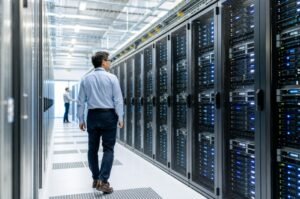 A modern data center with technicians working.