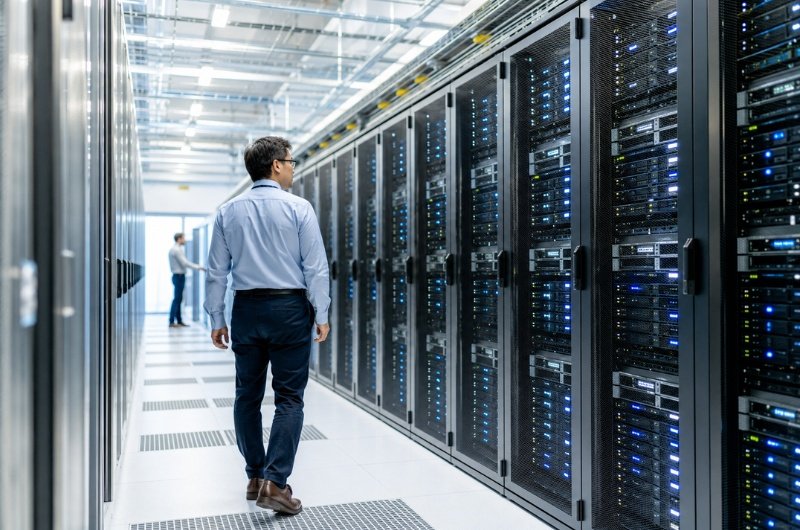 A modern data center with technicians working.