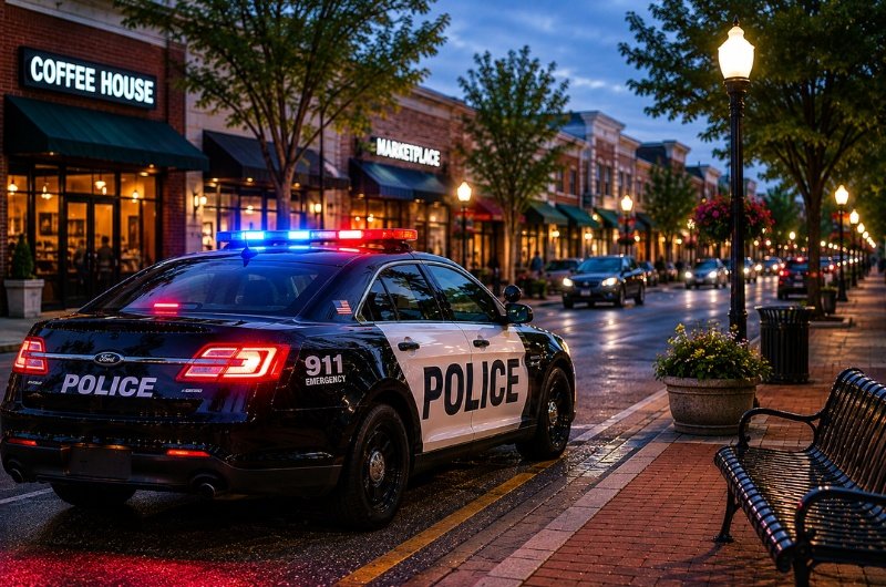 A police cruiser patrols a downtown shopping district as new FBI data shows violent crime declined sharply across the United States in 2025.