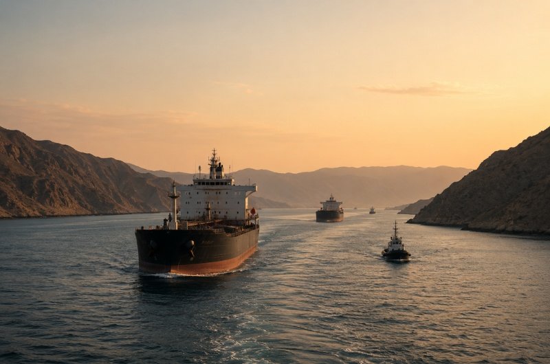 Commercial vessels move through waters near the Strait of Hormuz, one of the world’s most strategically important oil shipping routes.
