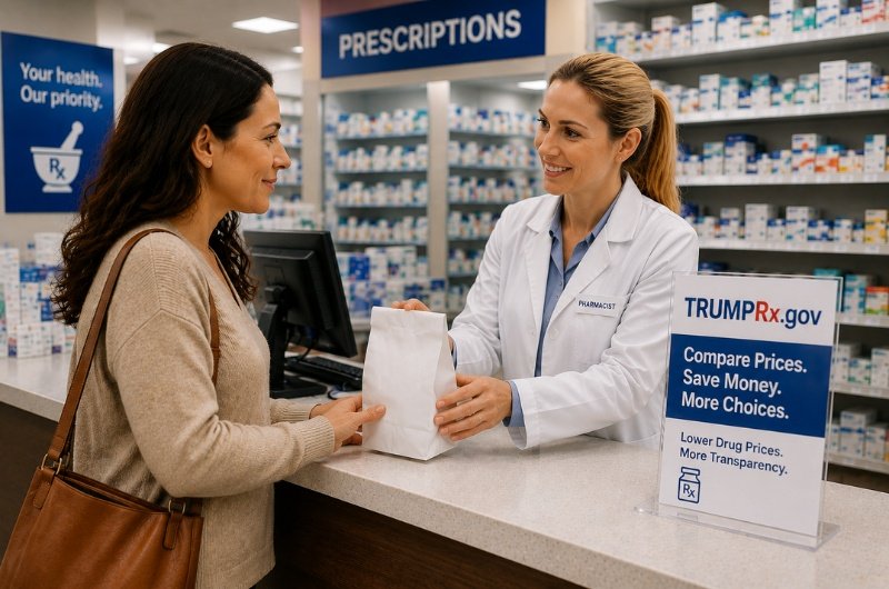 A customer receives a prescription at a pharmacy counter as the White House expands TrumpRx.gov to include more everyday medications and drug pricing comparison tools.