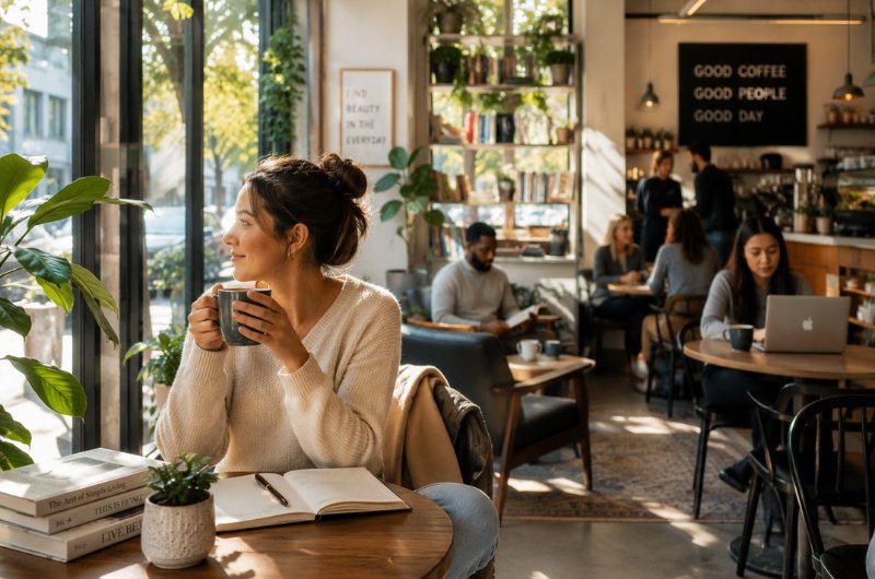 A bright neighborhood café serves as a modern “third place” — a space outside of home and work where people can relax, connect, and recharge.