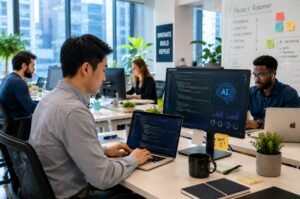 Employees work inside a modern technology office as artificial intelligence increasingly reshapes hiring, productivity, and workforce planning across the tech industry.