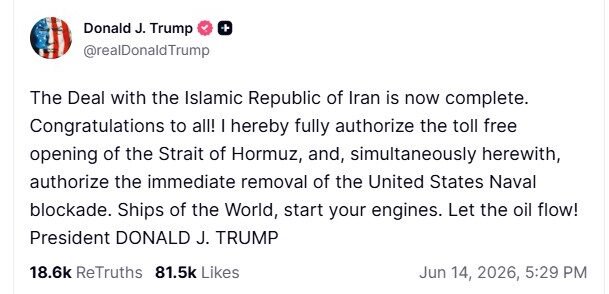 President Trump announces peace deal with Iran on Truth Social.