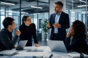 A diverse team of artificial intelligence researchers collaborates during a meeting in a modern technology office.