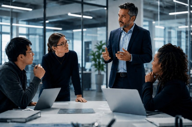 A diverse team of artificial intelligence researchers collaborates during a meeting in a modern technology office.