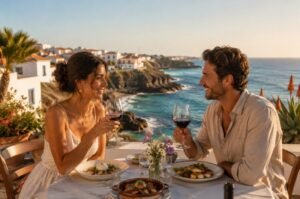 A couple enjoys local wine and regional cuisine overlooking Portugal's scenic Alentejo coastline, where unhurried hospitality, exceptional food, and breathtaking landscapes are redefining slow travel in Europe.