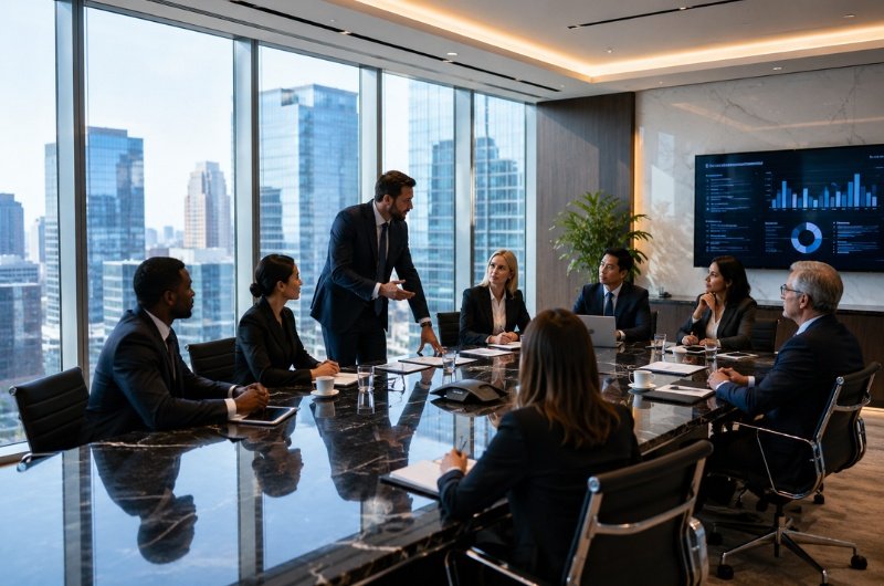 Executives meet in a modern corporate boardroom as businesses invest billions in innovation, infrastructure, and long-term growth.