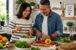 A couple prepares a healthy meal at home. New guidance from the American Heart Association emphasizes the importance of consistent eating habits and balanced nutrition for long-term heart health.