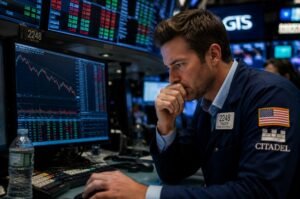 A trader monitors market activity as AI-related technology stocks declined amid profit-taking following a powerful rally.