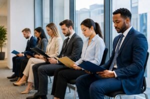 Job candidates wait for interviews at a corporate office as employers continue hiring, reflecting the surprising strength and resilience of America's labor market.