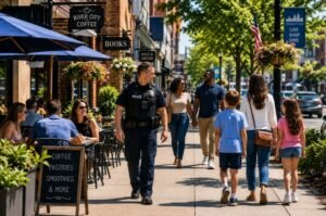 A police officer patrols a busy downtown business district as residents enjoy outdoor cafés, local shops, and community life. Preliminary FBI data shows violent crime, murders, robberies, and property crime all declined across the United States in 2025.