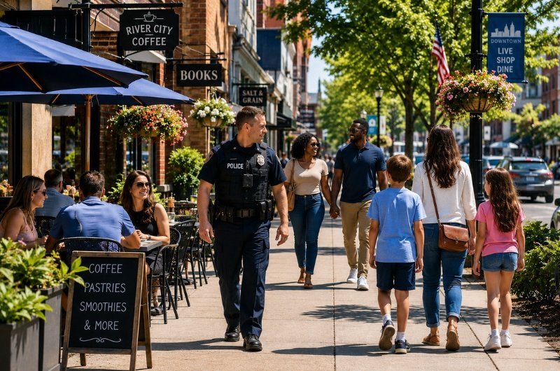 A police officer patrols a busy downtown business district as residents enjoy outdoor cafés, local shops, and community life. Preliminary FBI data shows violent crime, murders, robberies, and property crime all declined across the United States in 2025.