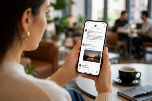 A smartphone user scrolls through a social media app in a modern café setting as Meta's Threads platform surpasses 500 million monthly active users and introduces new community-focused features.