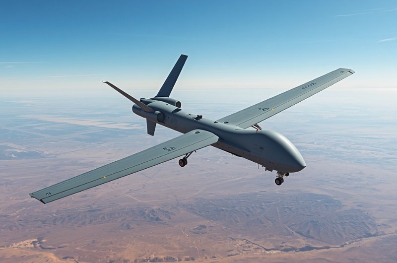 A military drone flies over desert terrain as tensions between the United States and Iran escalate following a series of retaliatory strikes and missile launches across the region.
