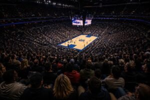 Thousands of fans gather inside a packed arena as the NBA playoffs continue to draw massive audiences, highlighting the enduring appeal of live sports in an age of endless entertainment choices.