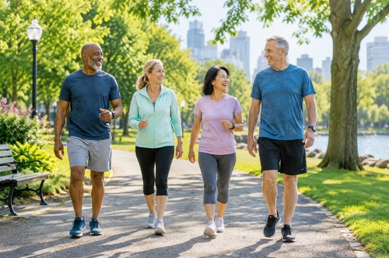 A group of friends enjoys a walk through a local park.