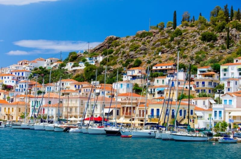 View on the coast of a beautiful city, Poros, Greece.