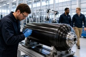 A technician inspects an advanced carbon-fiber pressure vessel inside a modern aerospace manufacturing facility. Blackwave plans to open its first U.S. factory in Texas to produce similar components for the growing space industry.